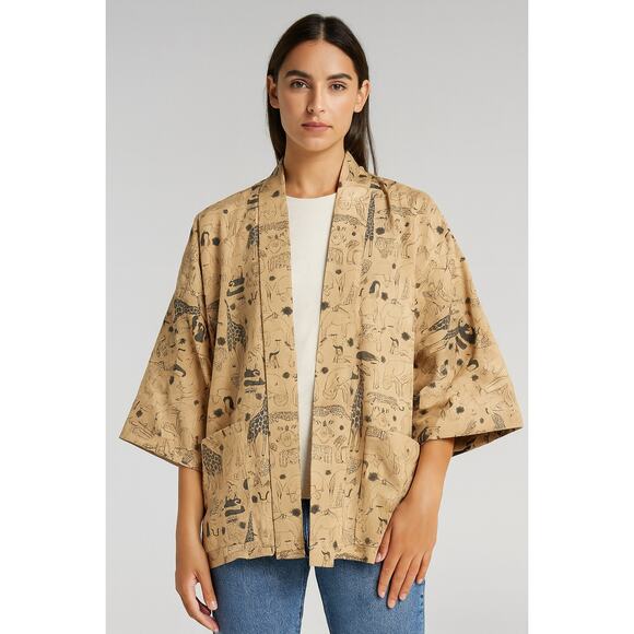 Womens RF Textile Kimono Jacket Novelty Koala Giraffe Lion Tan Artsy Boho Size L - Picture 1 of 11